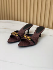 SL CHAIN ATTACH HEELED MULES BROWN DENIM