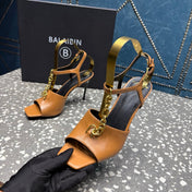 BALMAIN 26S HIGH-HEEL SANDALS 95 MM IN BROWN CALFSKIN
