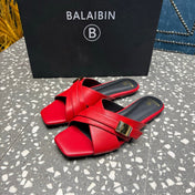 BALMAIN 26S CROSS-STRAP SLIDES IN RED CALFSKIN