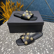 BALMAIN 26S SLIPPERS IN BLACK CALFSKIN WITH GOLD HARDWARE