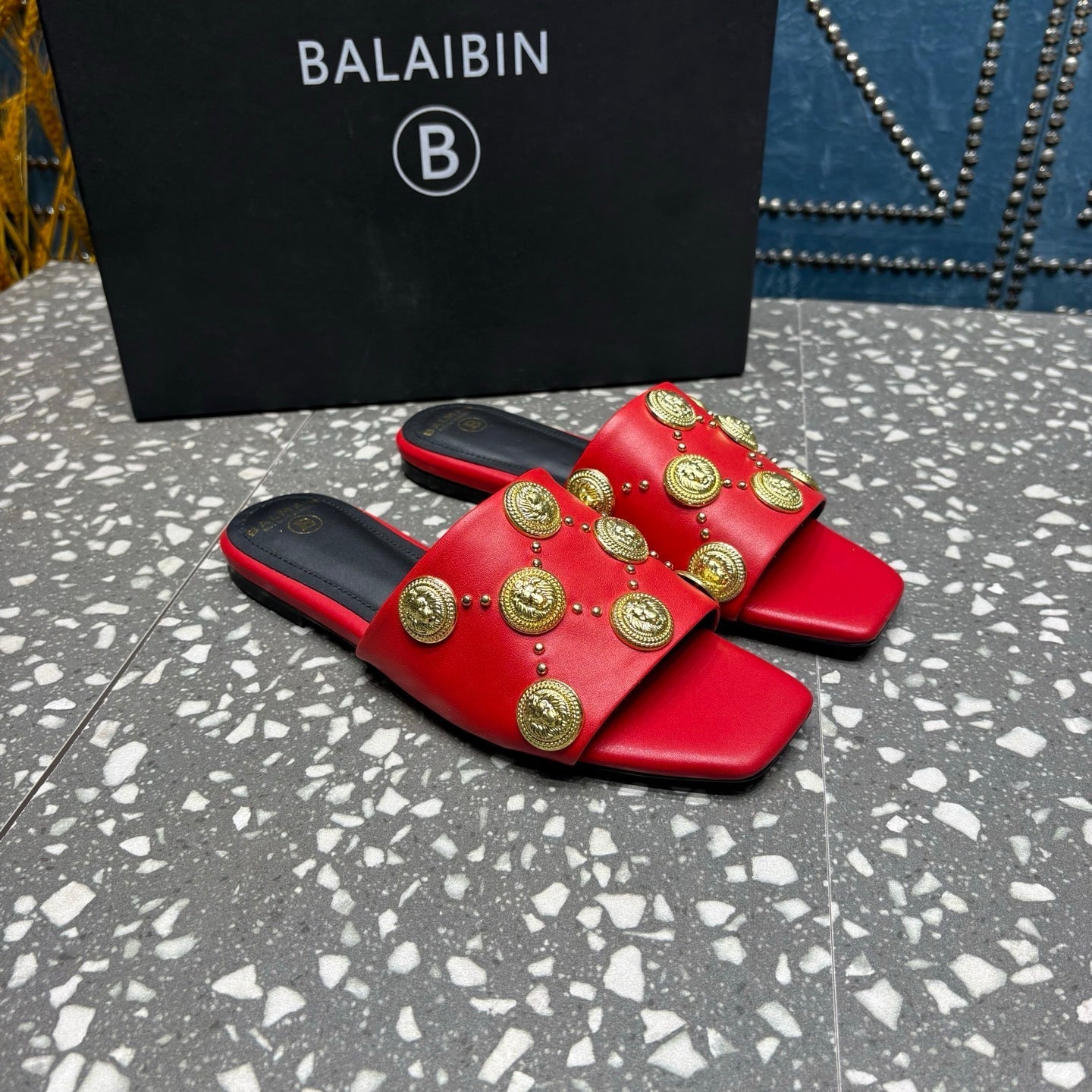 BALMAIN 26S SLIPPERS IN RED CALFSKIN WITH GOLD HARDWARE