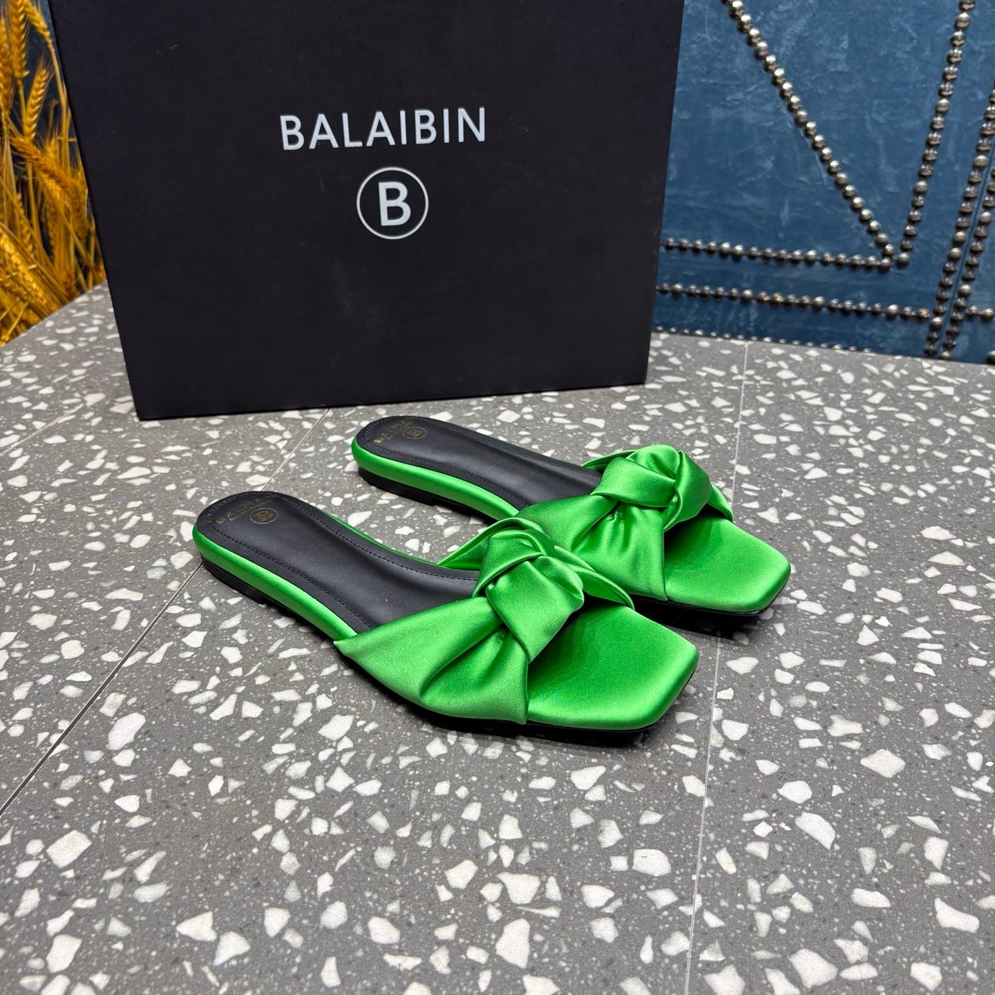 BALMAIN 26S SLIDES IN GREEN SATIN