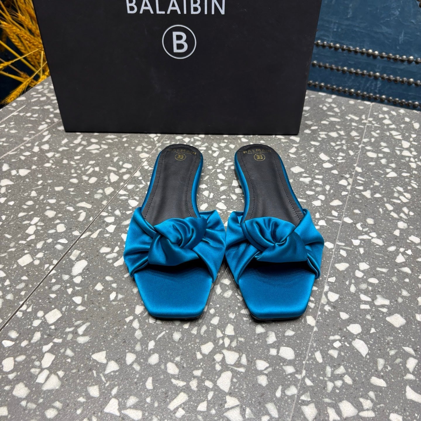 BALMAIN 26S SLIDES IN OCEAN BLUE SATIN