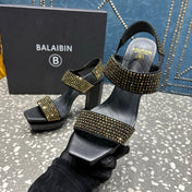 BALMAIN 26S HIGH-HEELED SANDALS 105 MM IN BLACK CALFSKIN WITH GOLD STONE EMBELLISHED