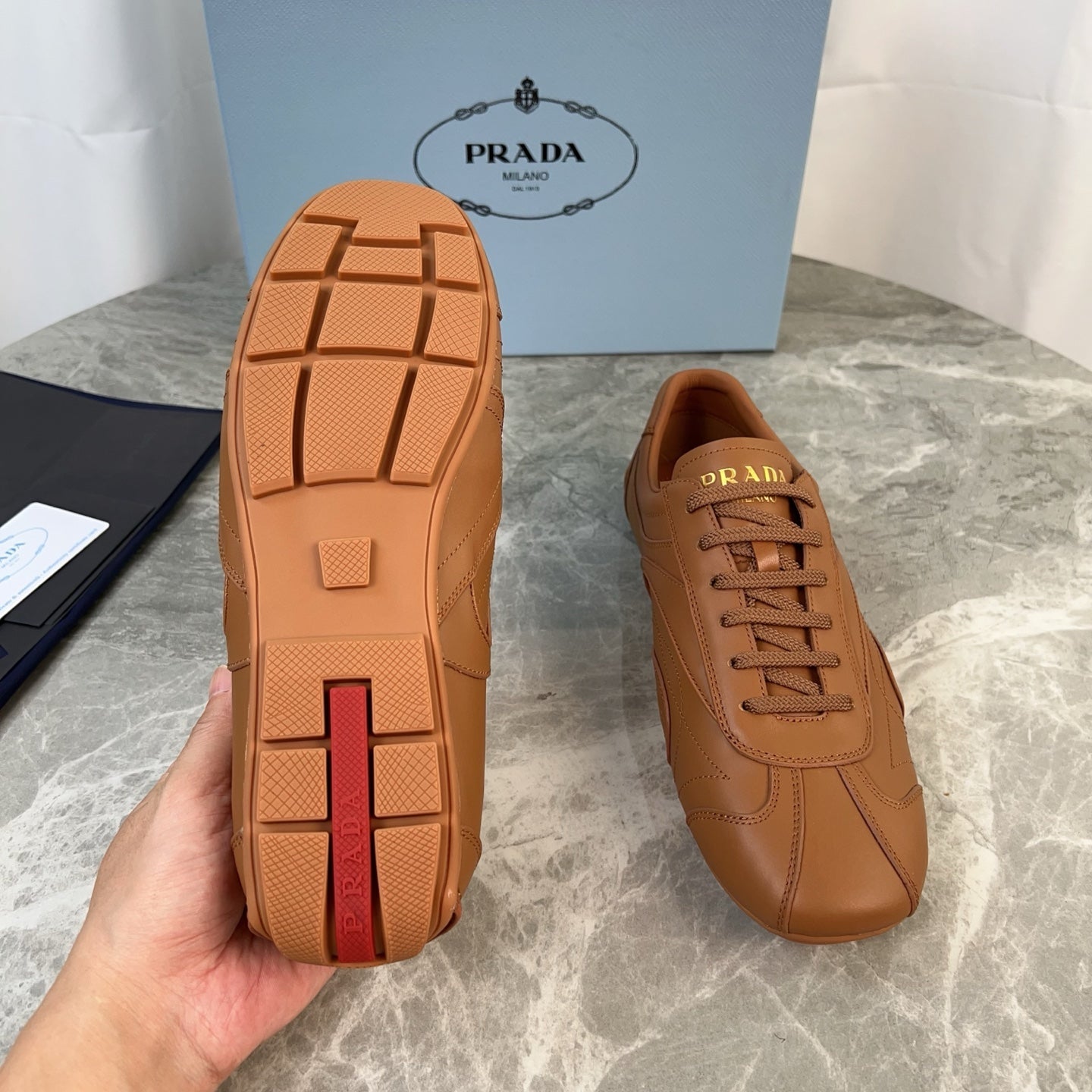 PRADA 25S MONTECARLO ANTIQUED SNEAKERS IN CARAMEL NAPPA LEATHER