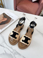 TROMPHE SANDALS BEIGE RAFFIA BLACK WOOL