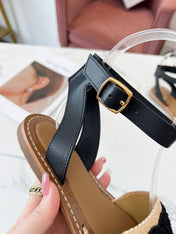 TROMPHE SANDALS BEIGE RAFFIA BLACK WOOL