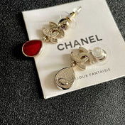 CHANEL 26S DOUBLE C LOGO CRYSTAL & RED TEARDROP DANGLE EARRINGS IN GOLD METAL 629181
