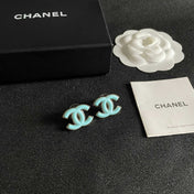 CHANEL 26S DOUBLE C LOGO TURQUOISE ENAMEL STUD EARRINGS IN GOLD METAL 630067