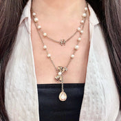 CHANEL 26S DOUBLE C LOGO PEARL LAYERED CHAIN BOW & CRYSTAL DROP NECKLACE IN GOLD METAL 629883