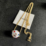 CHANEL 26S DOUBLE C LOGO WHITE ENAMEL CRYSTAL BALL PENDANT NECKLACE IN GOLD METAL 629889