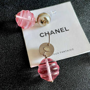CHANEL 26S DOUBLE C LOGO PEARL STUD EARRINGS WITH PINK GLASS DROP IN GOLD METAL 629892