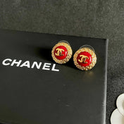 CHANEL 26S DOUBLE C LOGO ROUND STUD EARRINGS IN RED ENAMEL WITH GOLD CHAIN DETAIL 631909