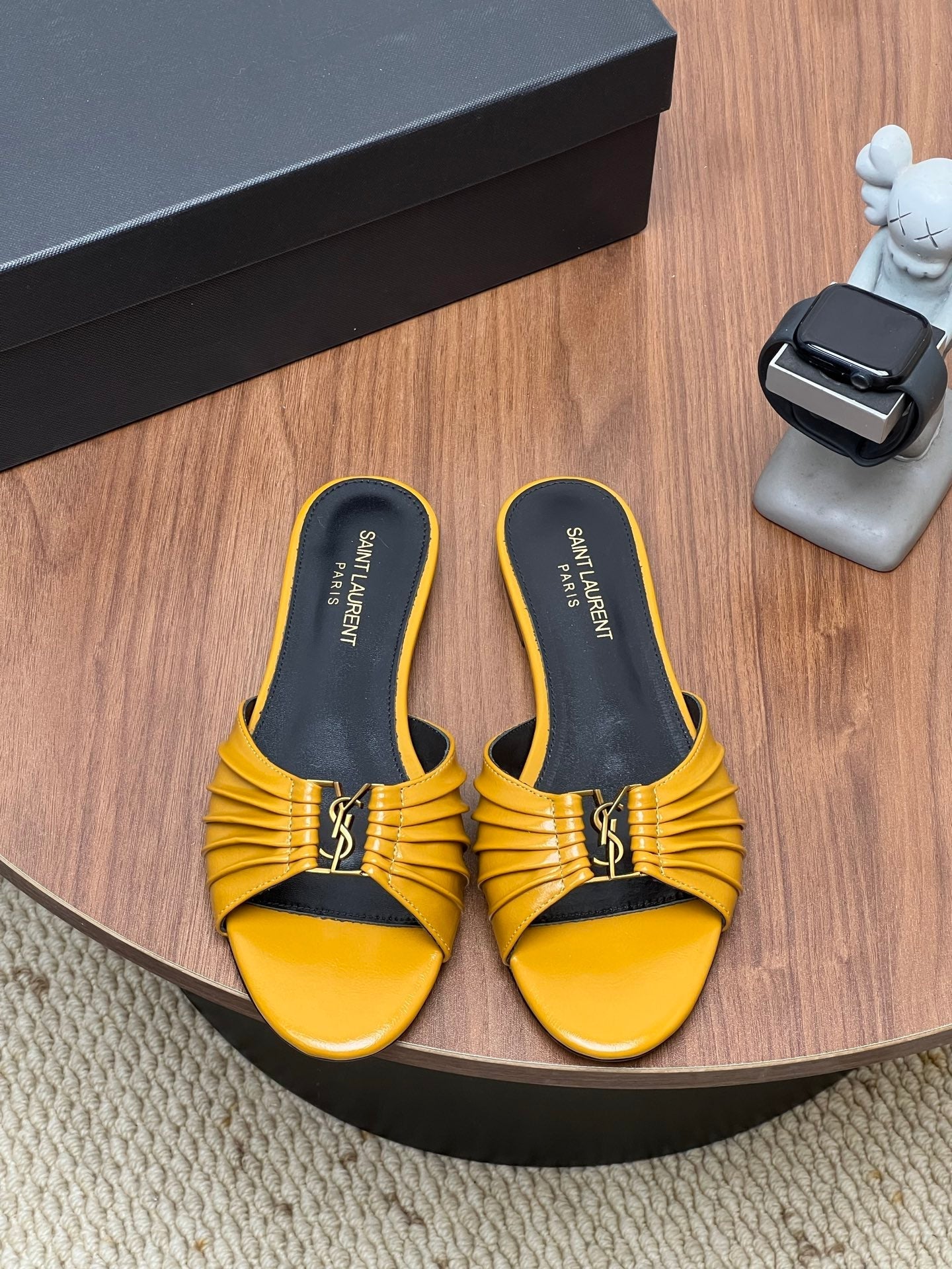 YSL 26S SLIDES IN MUSTARD YELLOW CALFSKIN