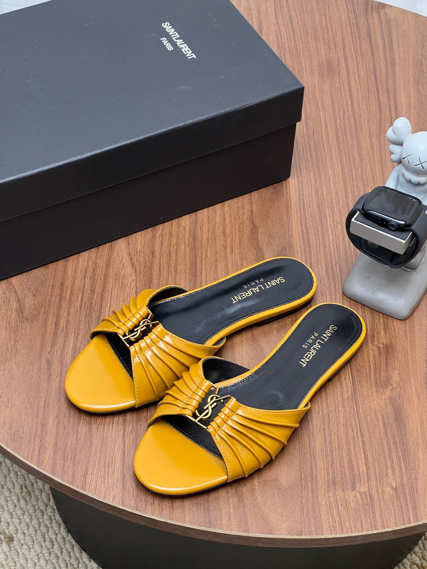 YSL 26S SLIDES IN MUSTARD YELLOW CALFSKIN