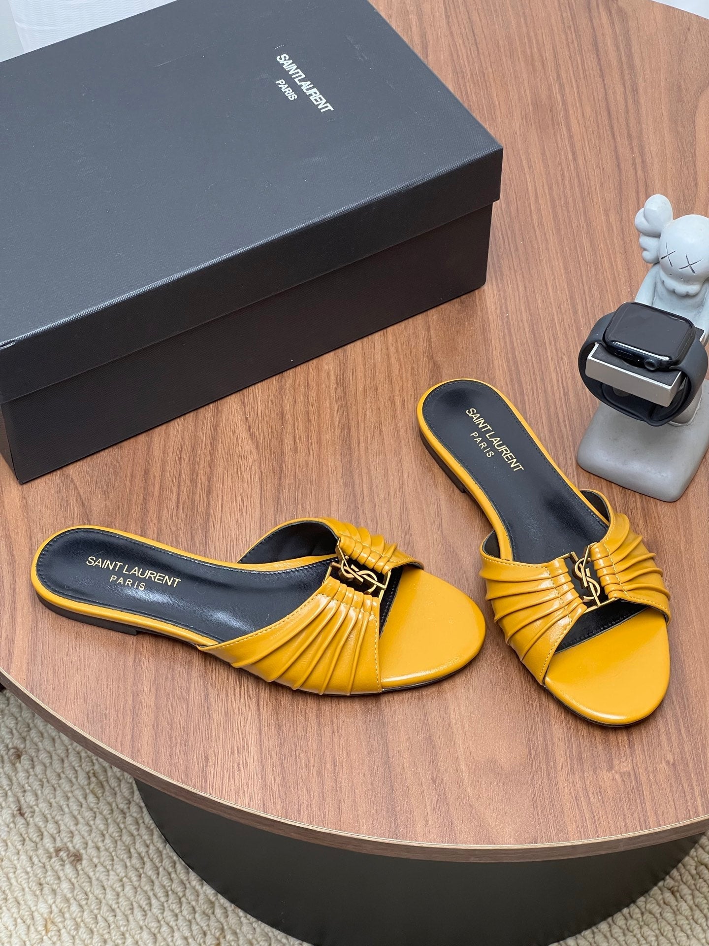 YSL 26S SLIDES IN MUSTARD YELLOW CALFSKIN
