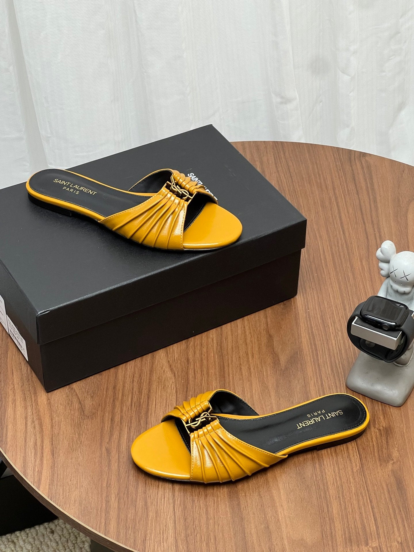 YSL 26S SLIDES IN MUSTARD YELLOW CALFSKIN