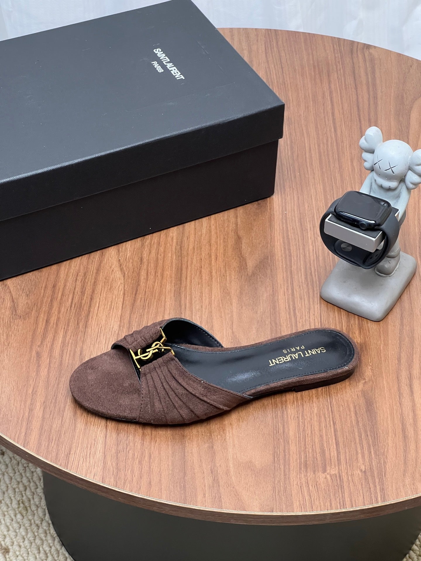 YSL 26S SLIDES IN DARK BROWN SUEDE