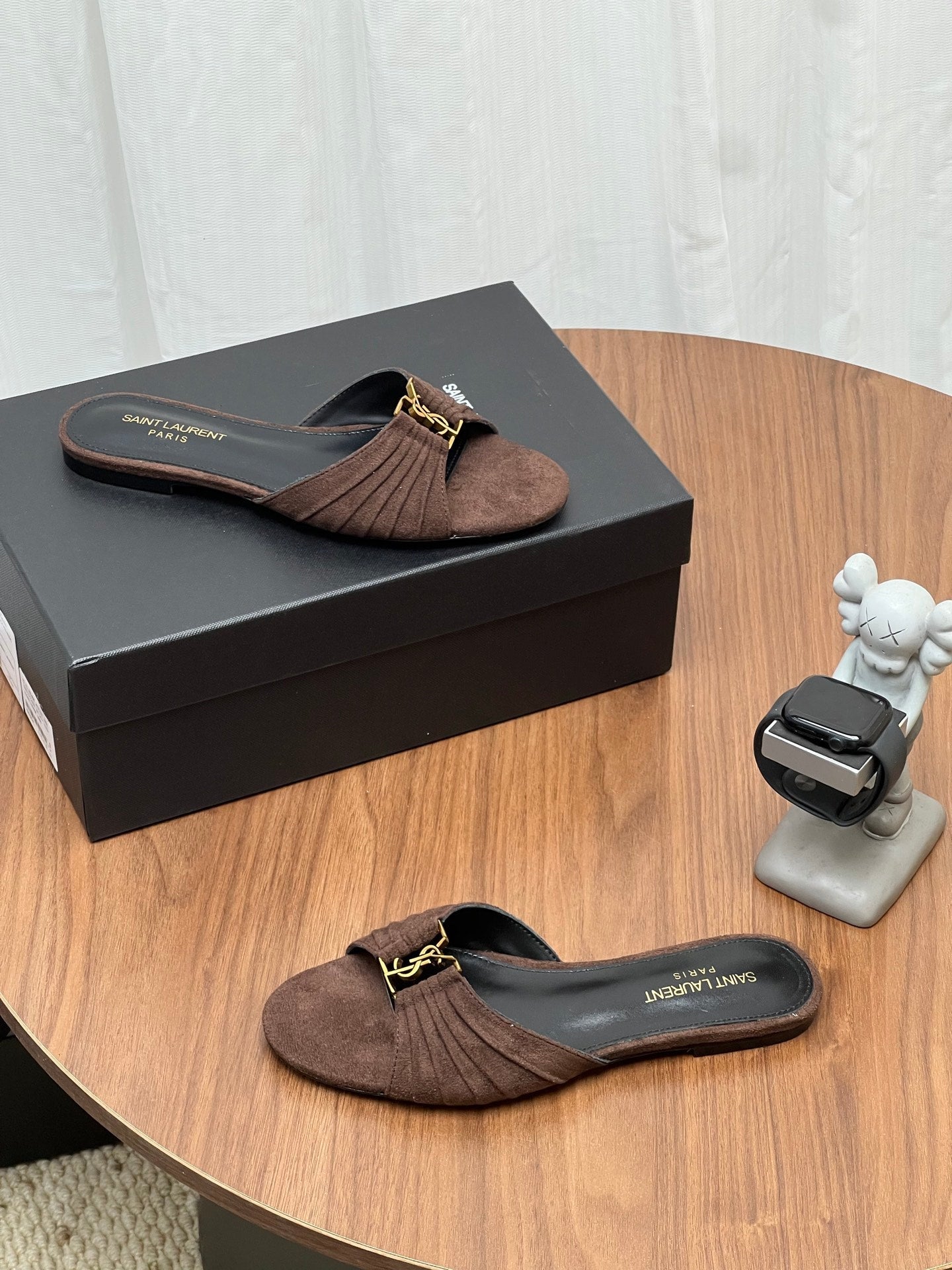 YSL 26S SLIDES IN DARK BROWN SUEDE