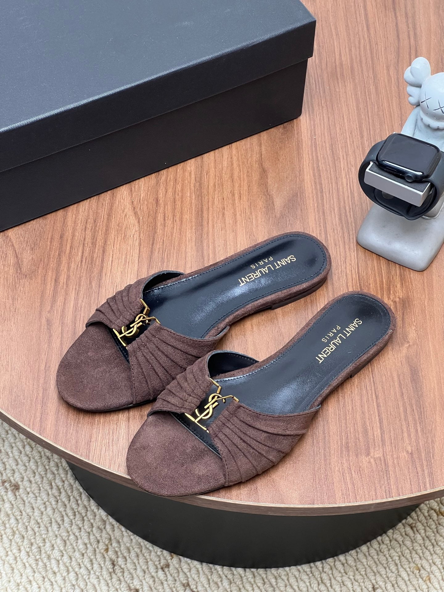 YSL 26S SLIDES IN DARK BROWN SUEDE