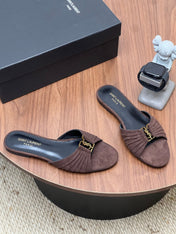 YSL 26S SLIDES IN DARK BROWN SUEDE