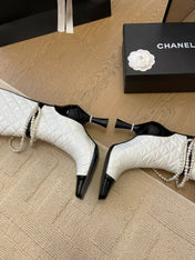 KNEE HIGH BOOTS 8 CM IN WHITE MIX BLACK CALFSKIN WITH PEARL CHAIN