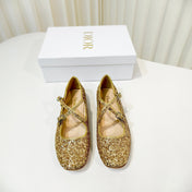 DIOR 26S MARY JANE FLATS IN GOLD SEQUIN EMBROIDERED FABRIC