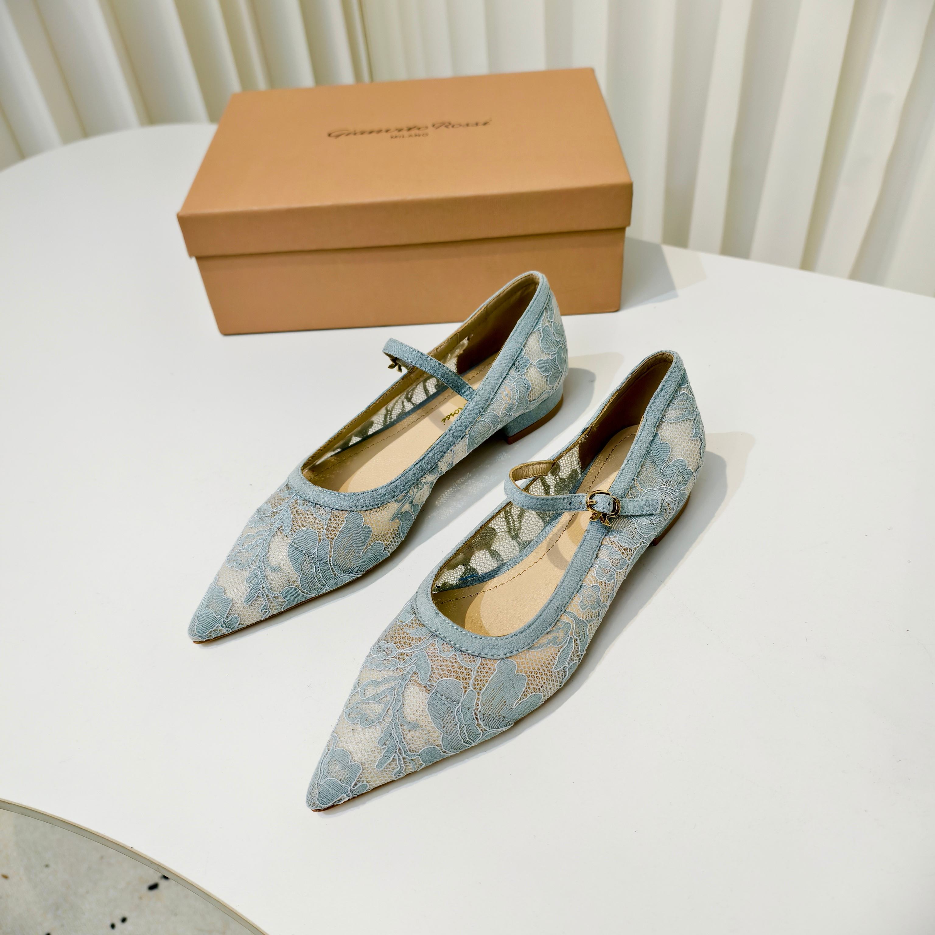 GIANVITO ROSSI 26S MARY JANE FLATS IN PASTEL BLUE LACE FABRIC