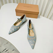 GIANVITO ROSSI 26S MARY JANE FLATS IN PASTEL BLUE LACE FABRIC