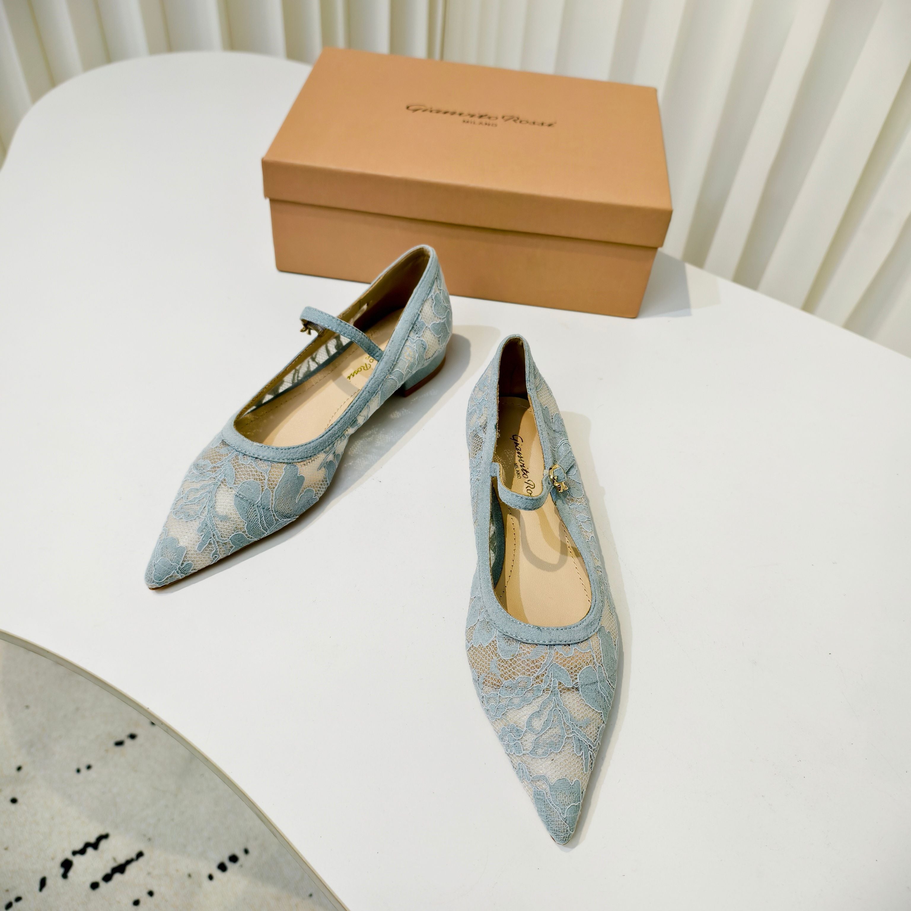 GIANVITO ROSSI 26S MARY JANE FLATS IN PASTEL BLUE LACE FABRIC