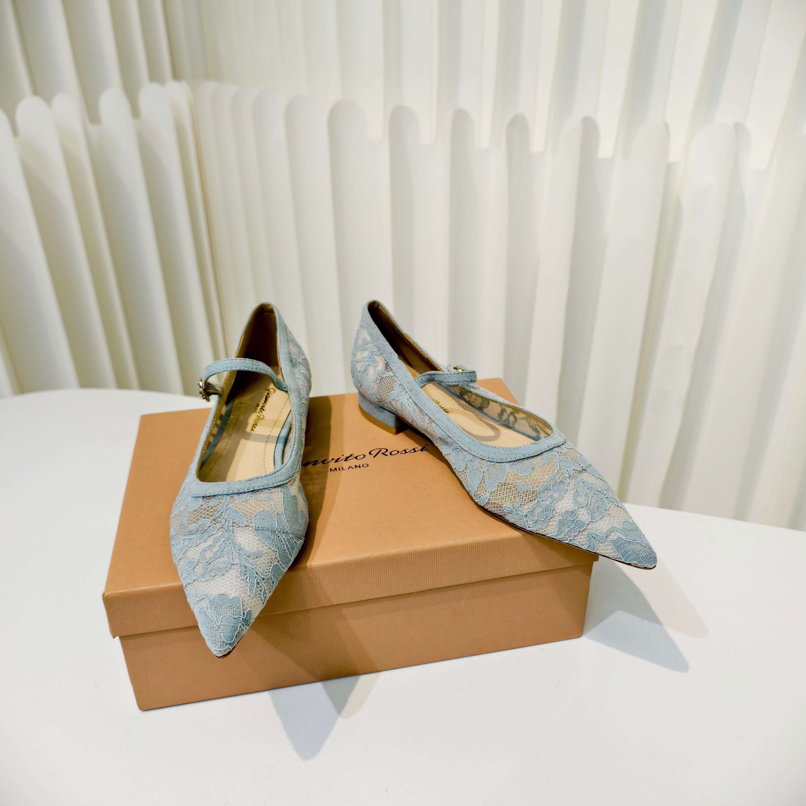 GIANVITO ROSSI 26S MARY JANE FLATS IN PASTEL BLUE LACE FABRIC