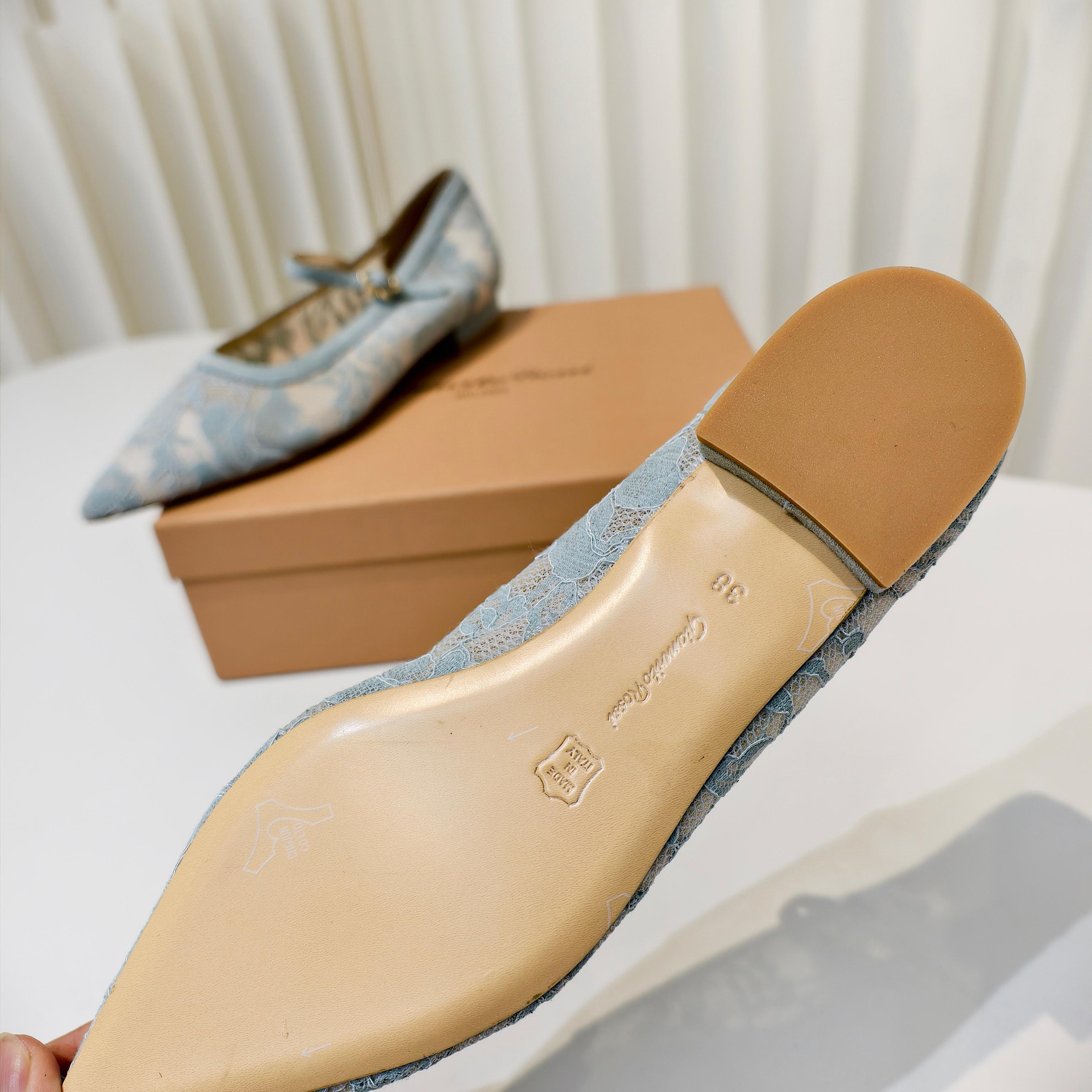 GIANVITO ROSSI 26S MARY JANE FLATS IN PASTEL BLUE LACE FABRIC