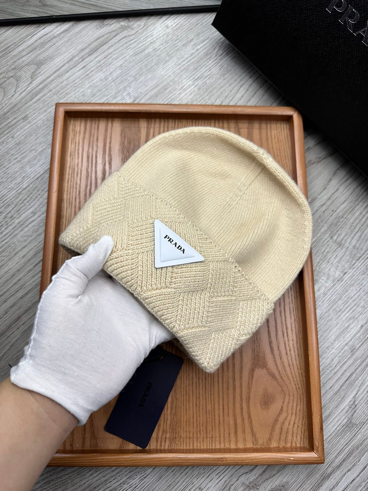 BEANIE HAT IN BISQUE BEIGE WOOL AND RABBIT FUR 342035