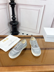 DIOR 26S LOW TOP SNEAKERS IN GREY CANVAS WITH WHITE LACE TRIM & LOGO PRINT