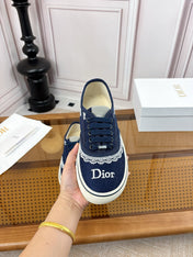 DIOR 26S LOW TOP SNEAKERS IN NAVY BLUE CANVAS WITH WHITE LACE TRIM & LOGO PRINT