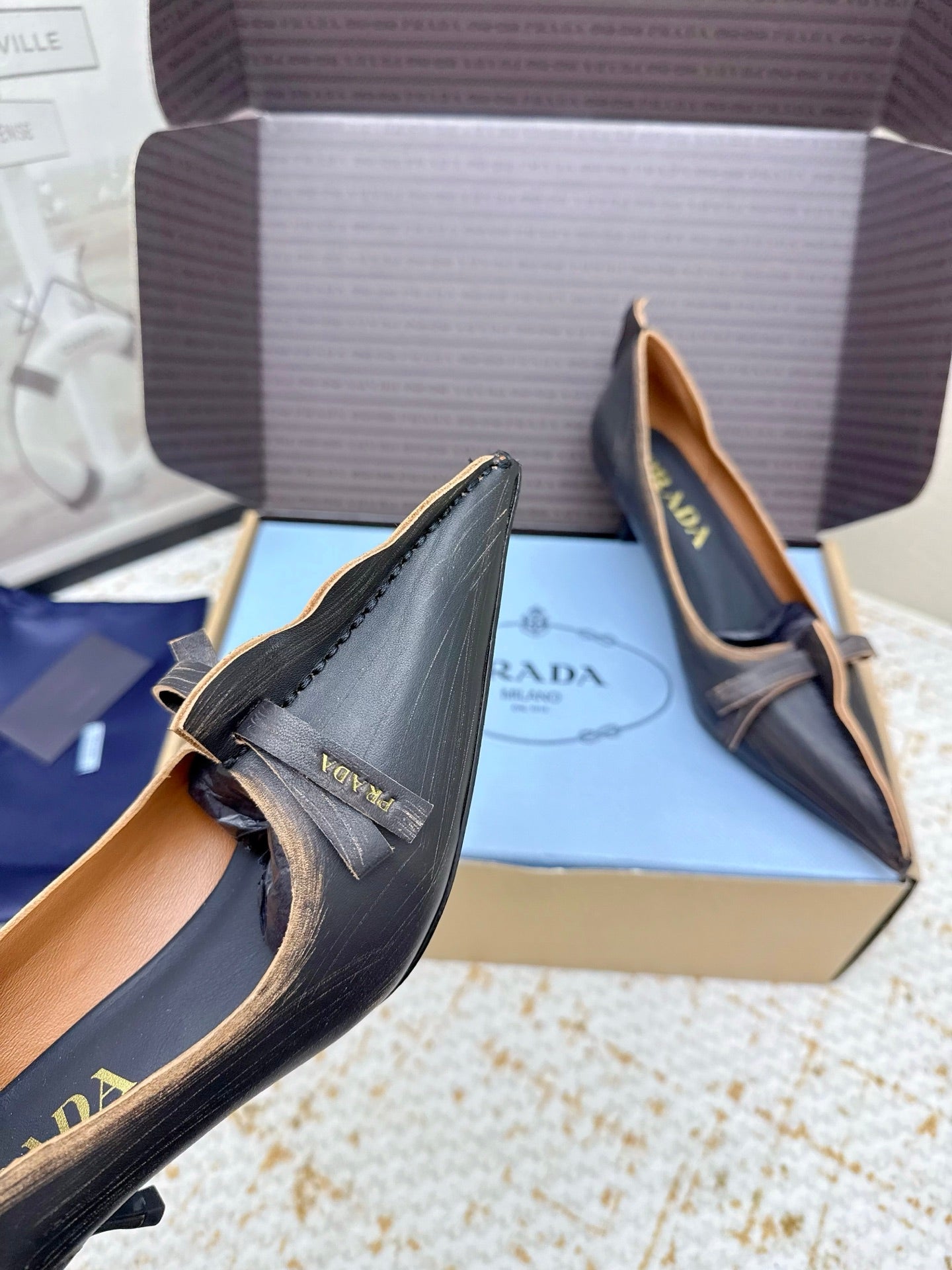 PRADA 26S ANTIQUED LEATHER PUMPS 55MM IN BLACK CALFSKIN