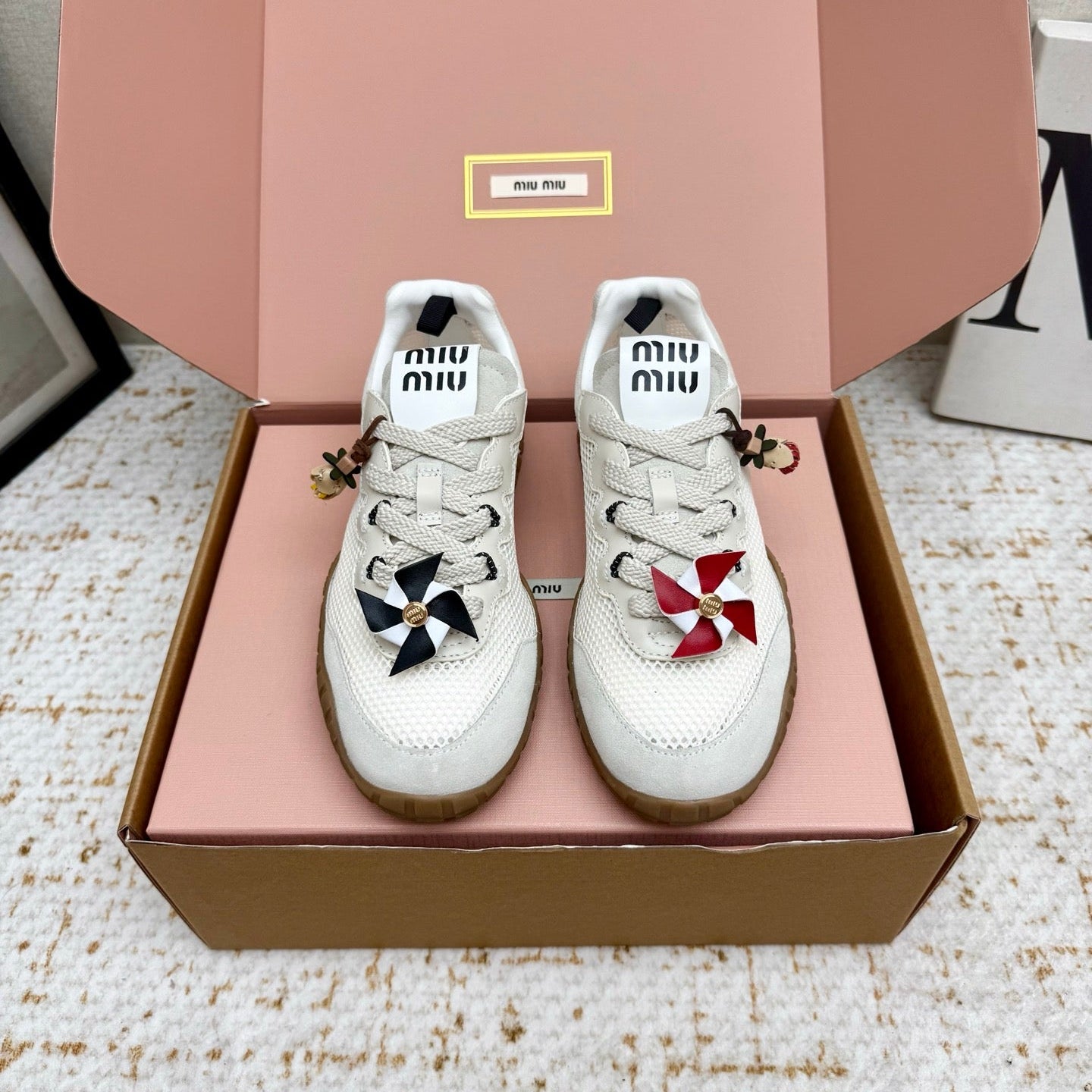 MIUMIU 26S CHARM SNEAKERS IN WHITE MESH AND SUEDE