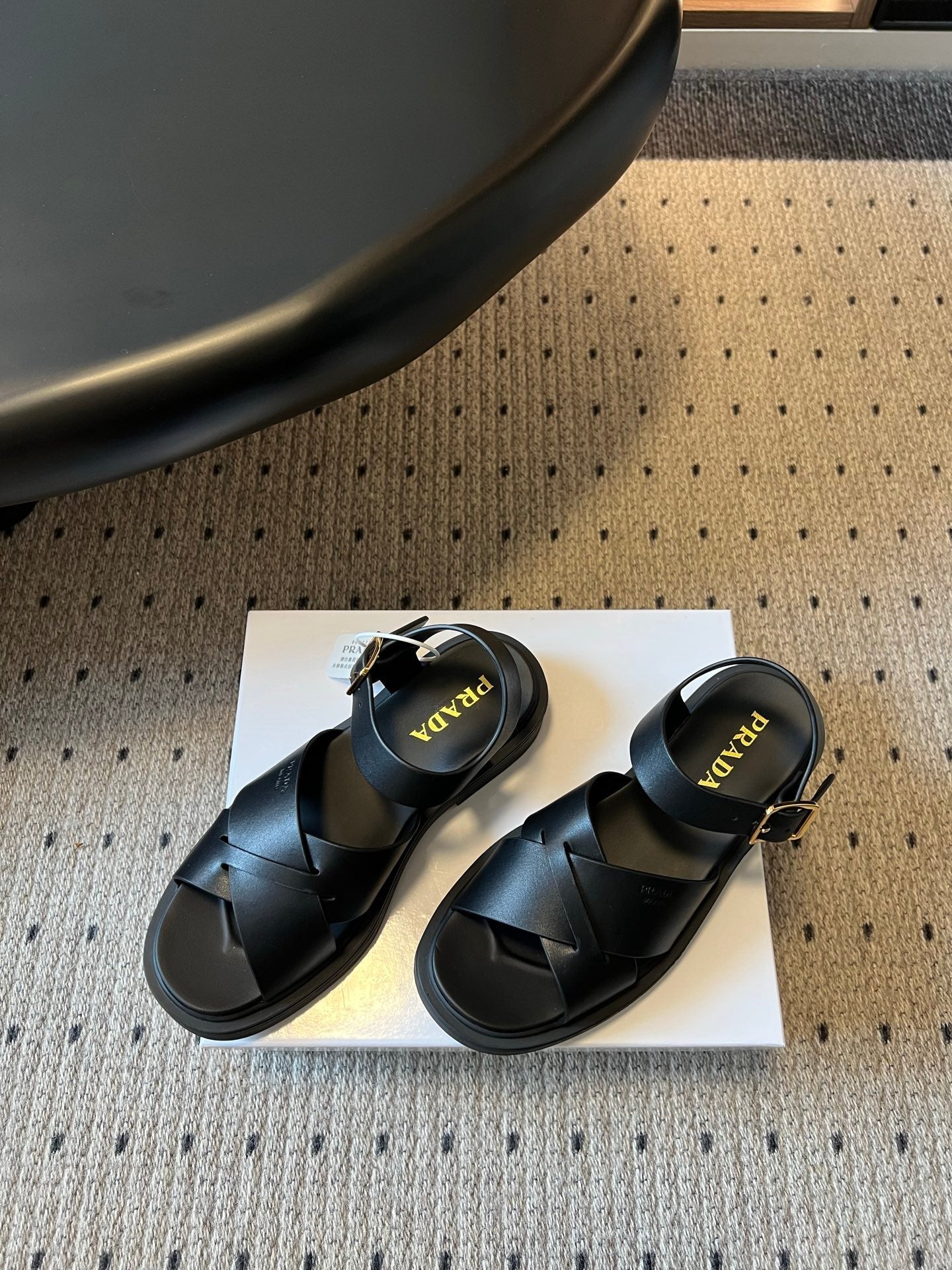 PRADA 26S CROSS STRAP PLATFORM SANDALS 35MM IN BLACK CALFSKIN