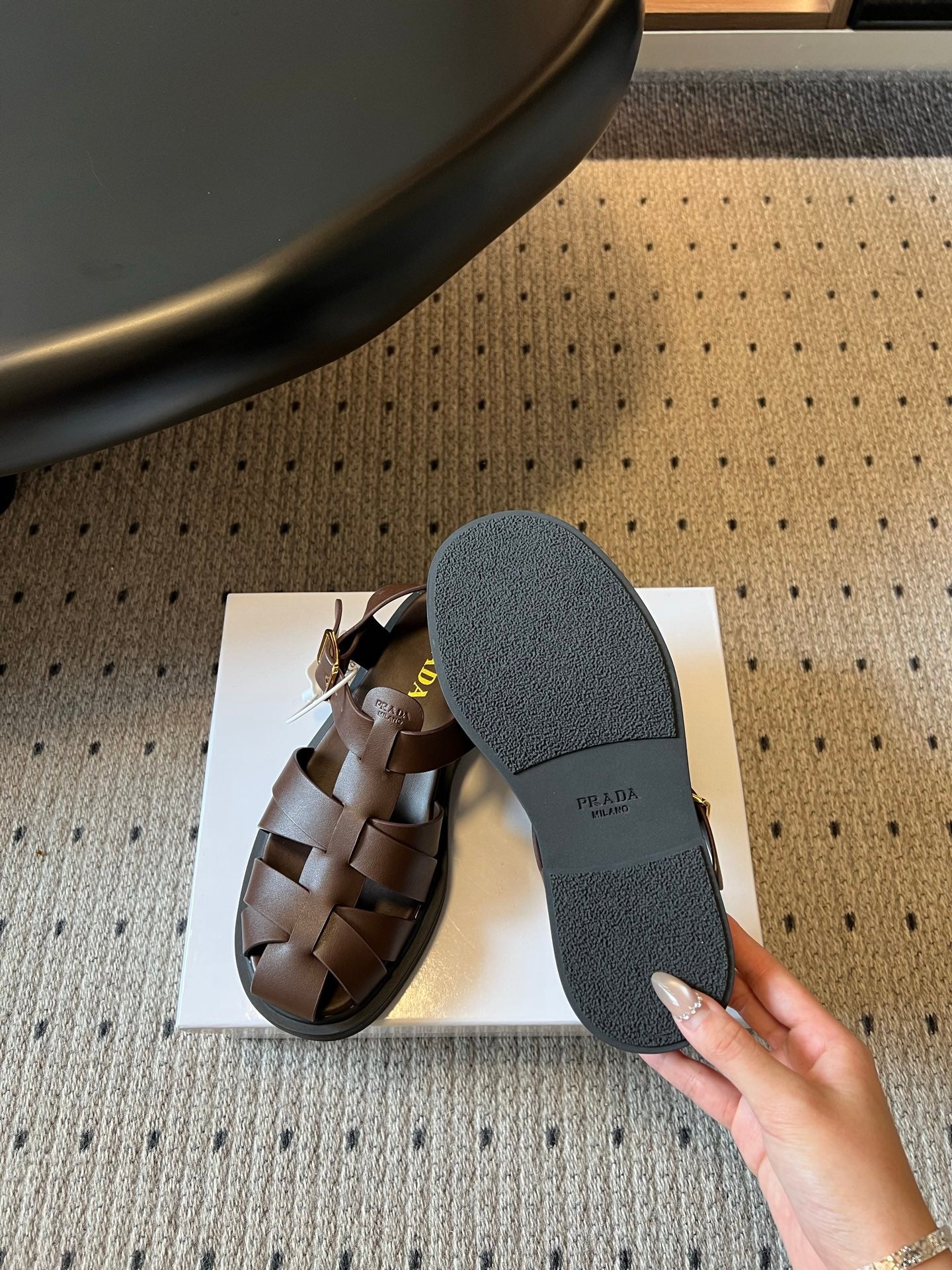 PRADA 26S ANKLE STRAP FISHERMAN SANDALS IN DARK BROWN CALFSKIN