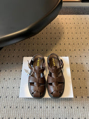 PRADA 26S ANKLE STRAP FISHERMAN SANDALS IN DARK BROWN CALFSKIN
