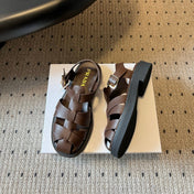 PRADA 26S ANKLE STRAP FISHERMAN SANDALS IN DARK BROWN CALFSKIN