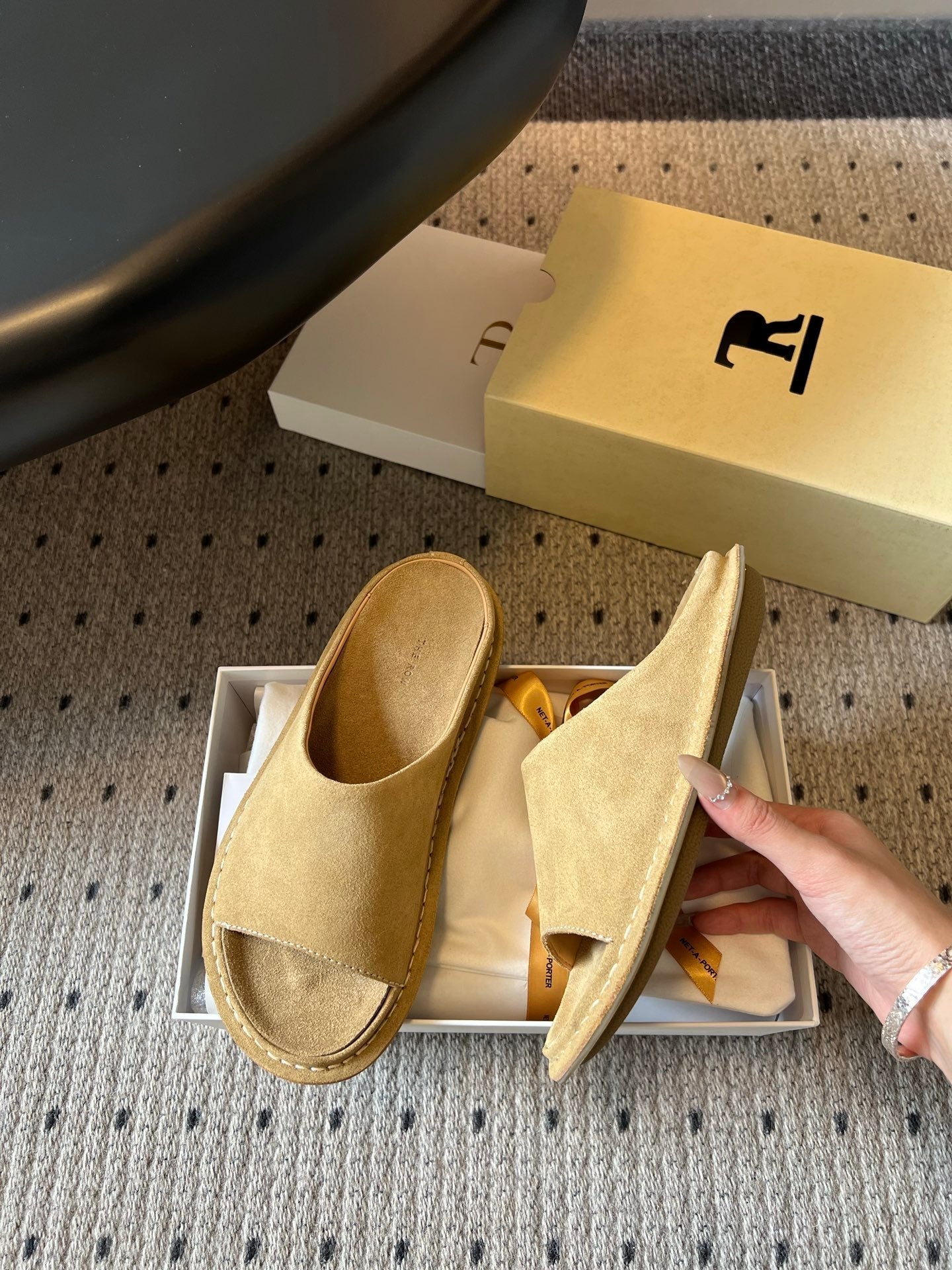 THE ROW 26S OPEN TOE MULES IN SAND BROWN SUEDE