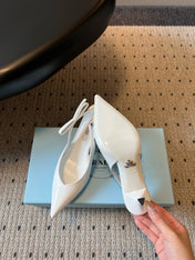PRADA 26S POINTED TOE SLINGBACK HEELS 75MM IN WHITE PATENT CALFSKIN