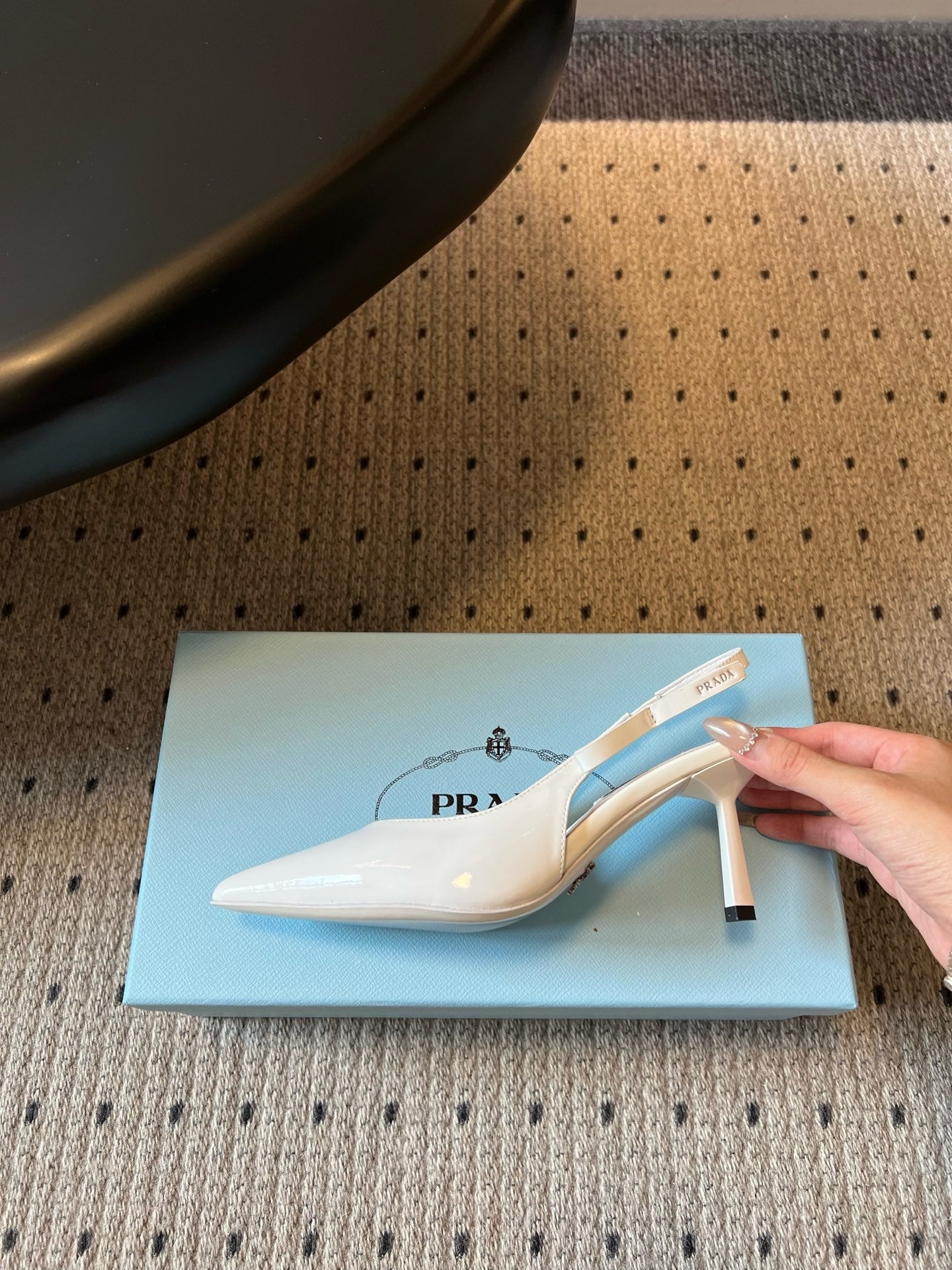 PRADA 26S POINTED TOE SLINGBACK HEELS 75MM IN WHITE PATENT CALFSKIN