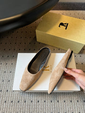 THE ROW 26S SQUARE TOE BACKLESS SLIDES IN LIGHT BROWN CALF HAIR