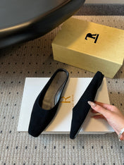 THE ROW 26S SQUARE TOE BACKLESS SLIDES IN BLACK CALF HAIR
