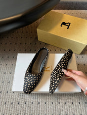 THE ROW 26S SQUARE TOE BACKLESS SLIDES IN BLACK SPOTTED CALF HAIR