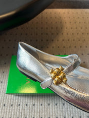 BOTTEGA VENETA 26S MARY JANE FLATS IN SILVER LAMBSKIN WITH GOLD HARDWARE