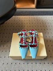 VALENTINO 26S ROCKSTUD HIGH HEELS 40 MM IN LIGHT BLUE CALFSKIN