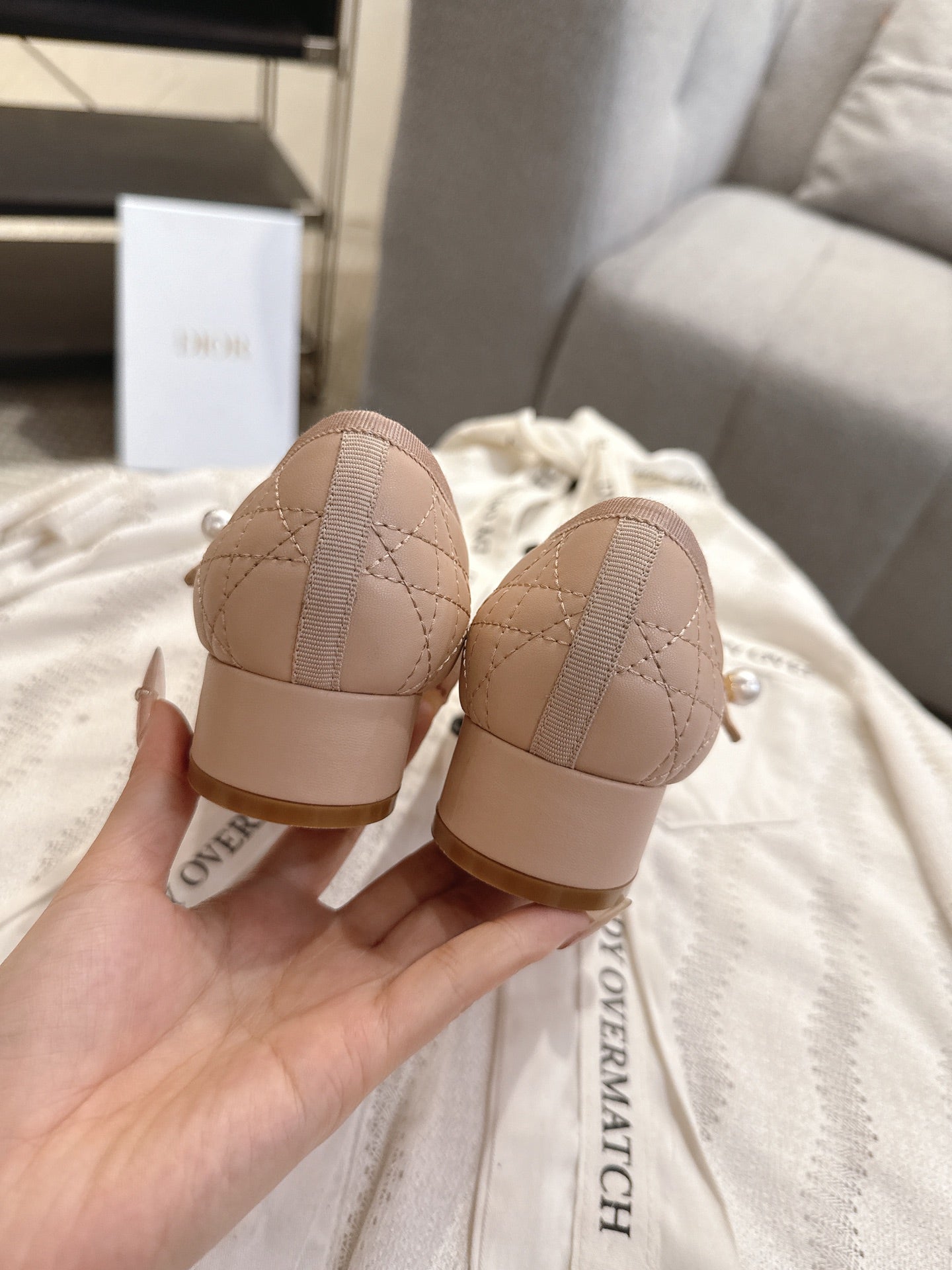 DIOR 26S MARY JANE PUMPS IN NUDE LAMBSKIN PEARL-ADORNED STRAP